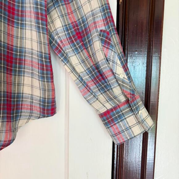 Billy Reid Red, Blue, Cream Plaid Linen Button Down Shirt- Size Men's Large - Picture 5 of 6